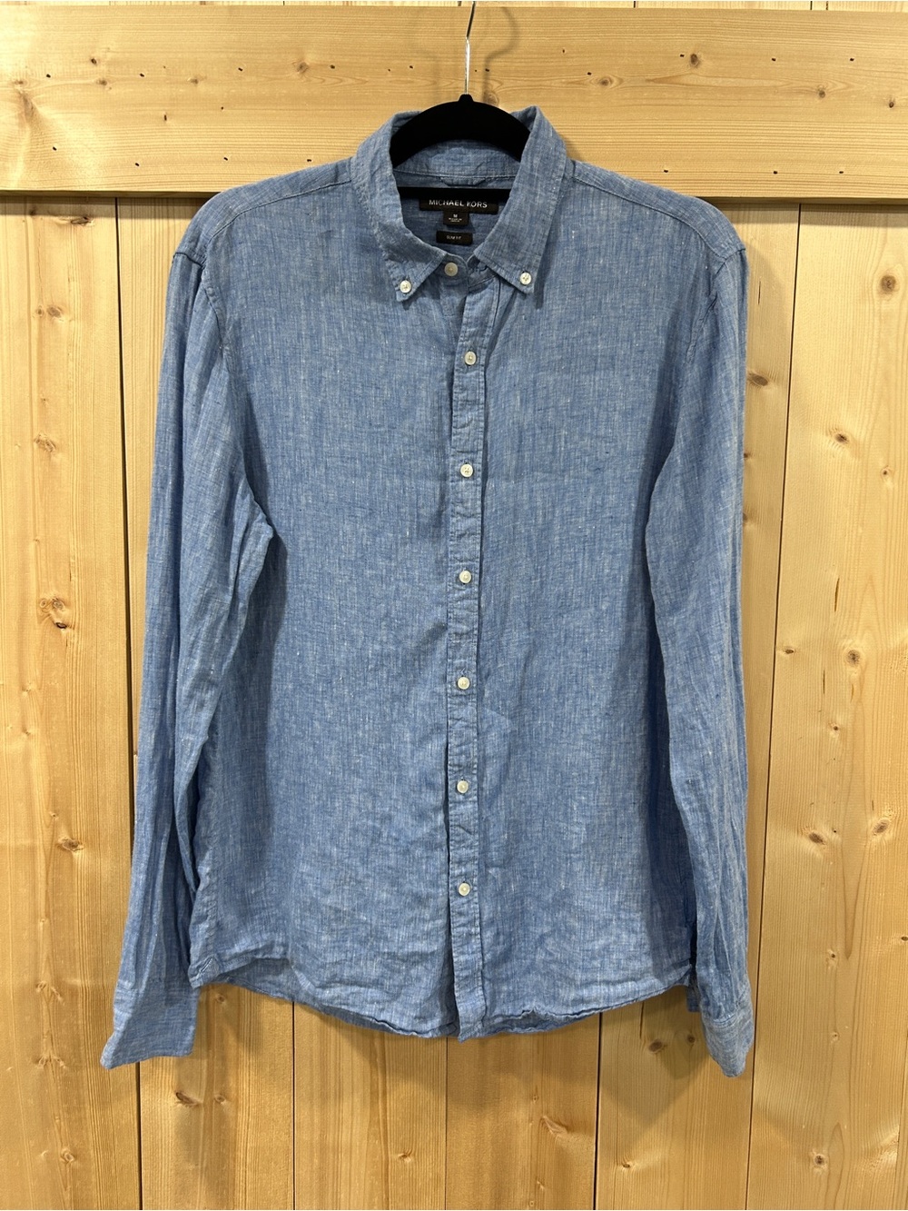Michael Kors Men's Slim-Fit 100% Linen Long Sleeve Button-Down Shirt Blue Size M